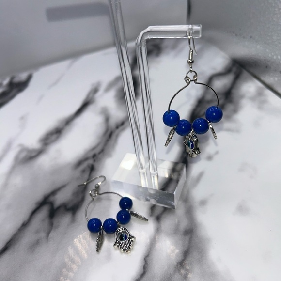 Blue Beaded Earrings with Silver Charms - Picture 4 of 5